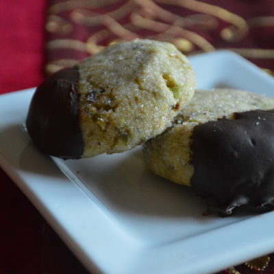 Holiday Baking! Pistachio Cookies Dipped in Dark Chocolate